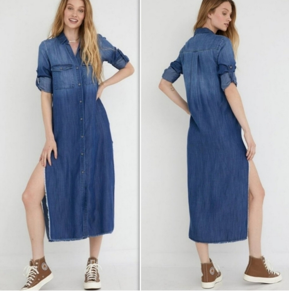 Anthropologie Button Down Blue Jean Dress Bella Dahl Side Split Hem Pockets